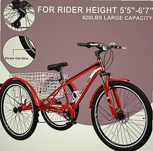 SLSY Mountain Tricycle 7 Speed 3 Wheel Cruiser Bike Basket For Adults